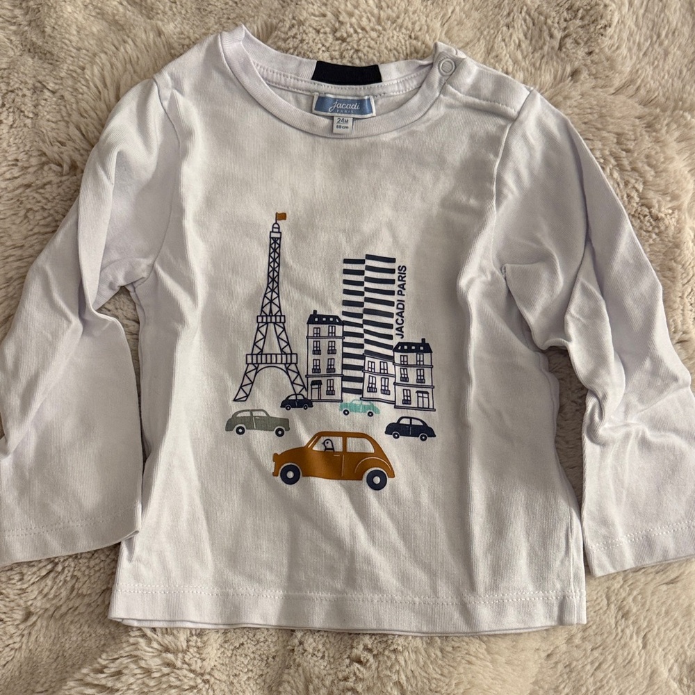 Jacadi White Long Sleeve Tee with Paris Motif